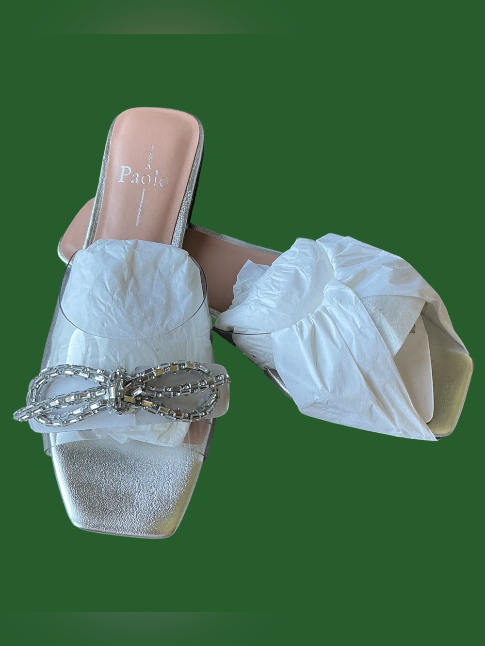 Linea Paolo “Leigh” Clear Slide Sandals Silver Crystal Bow & Nude Jelly Base - Picture 2 of 13